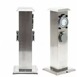WILTEC Colonne D’énergie Avec 2 Prise électrique Extérieure Minuterie Acier Affiné IP44 Jardin Outdoor