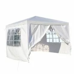 WILTEC Tonnelle De Jardin 3x3m Blanche Avec Panneaux Latéraux Amovibles Grandes Fenêtres Tente Fête Camping