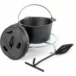 WILTEC Dutch Oven Marmite 1L Dessous-plat Lève-couvercle Fait-tout Fonte Pot Cuisson Feu Camp Camping