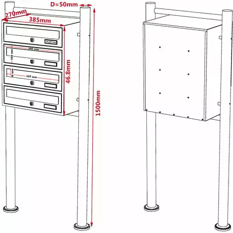 WILTEC Boite Aux Lettres Sur Pieds 4 Entrées Noire 4 Compartiments Revêtement Poudre 4 WILTEC Boite Aux Lettres Sur Pieds 4 Entrées Noire 4 Compartiments Revêtement Poudre – Image 2