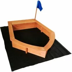 WILTEC Bac à Sable En Bois Forme De Bateau Drapeau 150x108x50cm Sol Non-tissé Jardin Jeux Plein Air Ludique